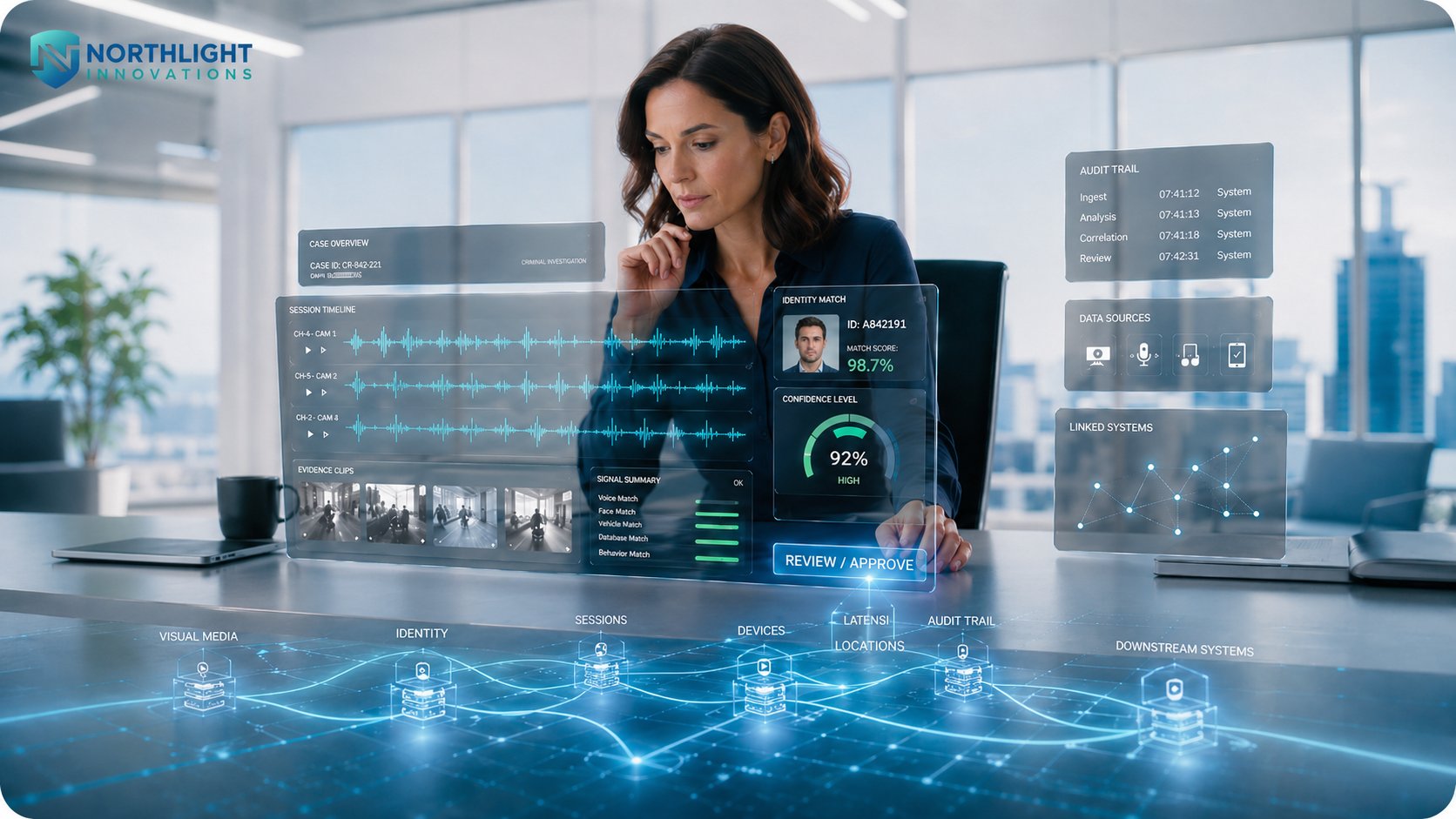 A person at a desk reviewing a holographic case overview: identity match scoring at 98.7%, a 92% high-confidence dial, audio session timelines, evidence clips, audit trail, data sources, and linked systems — with their hand on a Review / Approve action. Below the desk, a network of nodes labeled visual media, identity, sessions, devices, locations, audit trail, and downstream systems. The machines surface every signal; the human makes the decision.